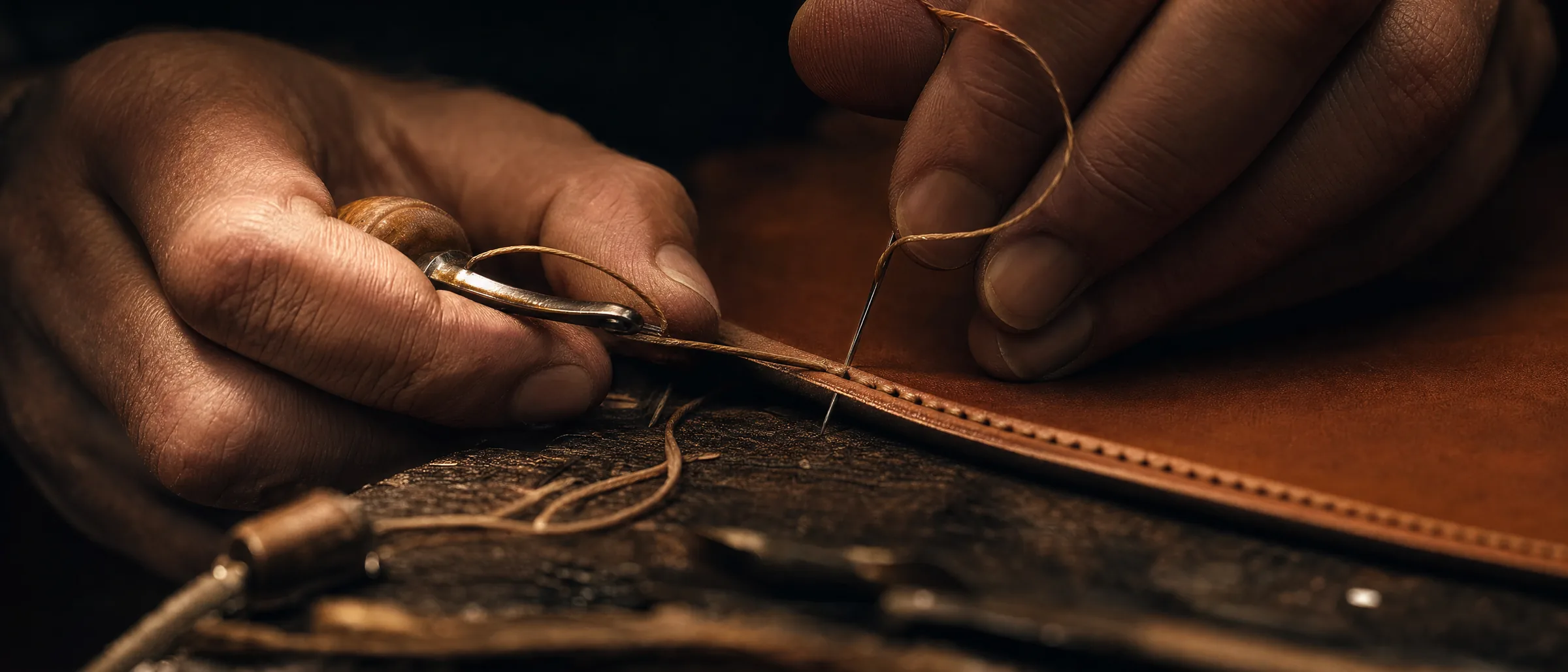 Hands stitching a leather panel by lamplight